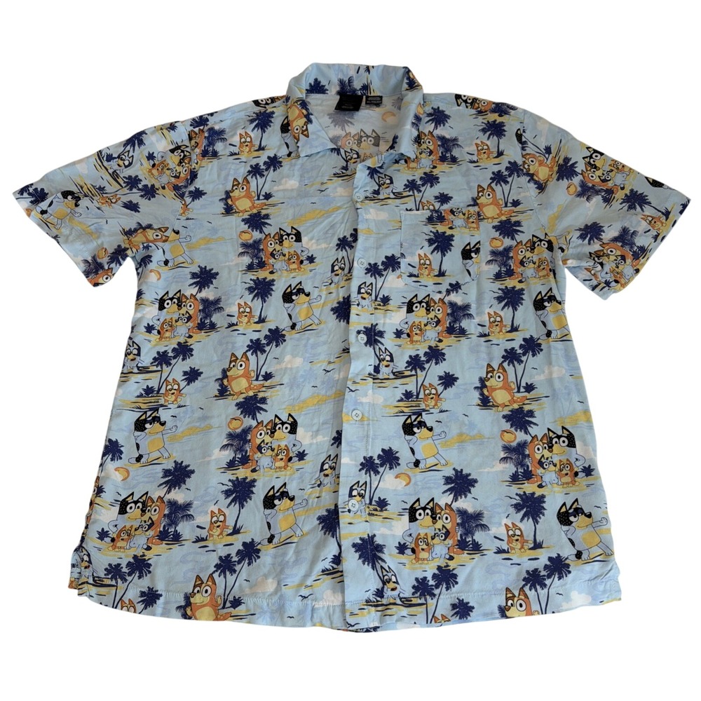 Bluey Hawaiian Shirt XL 100% Rayon Cartoon Aloha Button Up Mens Disney Style